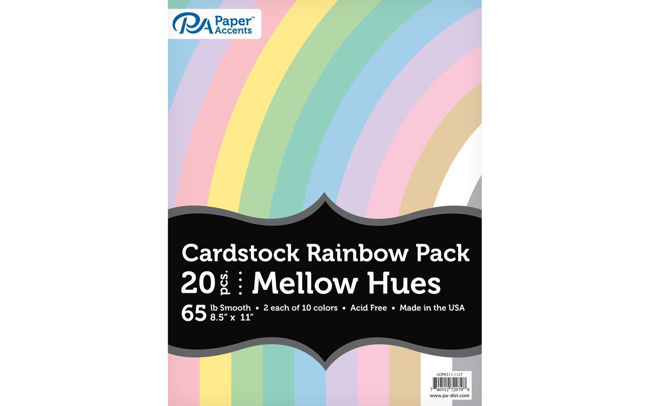 Accent Design Paper Accents Variety Pack Rainbow Cardstock 8.5" x 11" Mellow Hues, 65lb Colored Cardstock Paper For Card Making, Scrapbooking, Printing, Quilling and Crafts, 20 Piece Pack